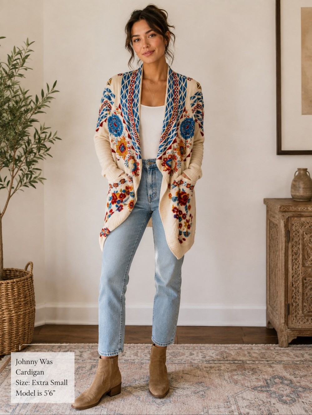 Johnny Was Biya Sampaio Embroidered Wrap Cardigan XS Boho Floral Cottagecore